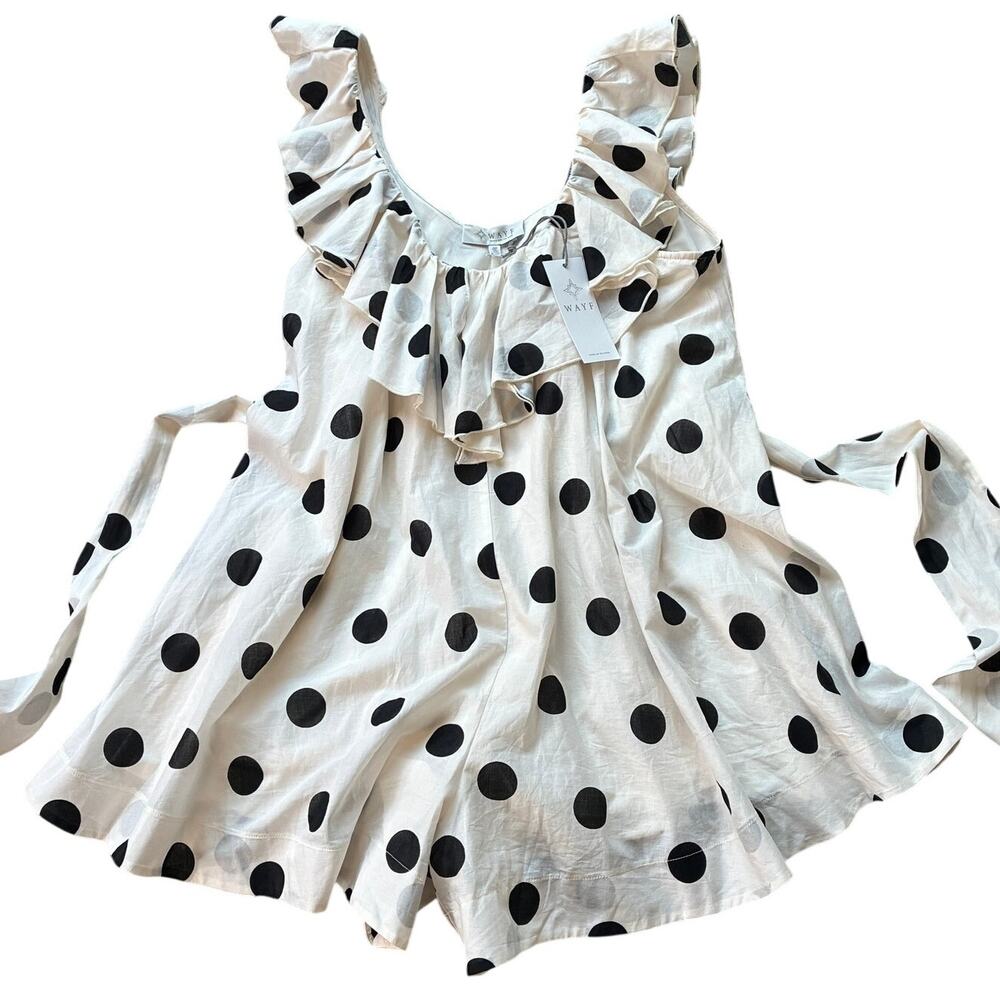 WAYF Ivory & Black Polka Dot Ruffle Cotton Sleeveless Romper Size S